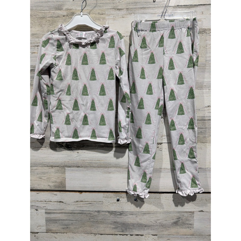 Cecil and Lou Pajama Set Girls 6 White Christmas Tree Ruffle Holiday GUC*